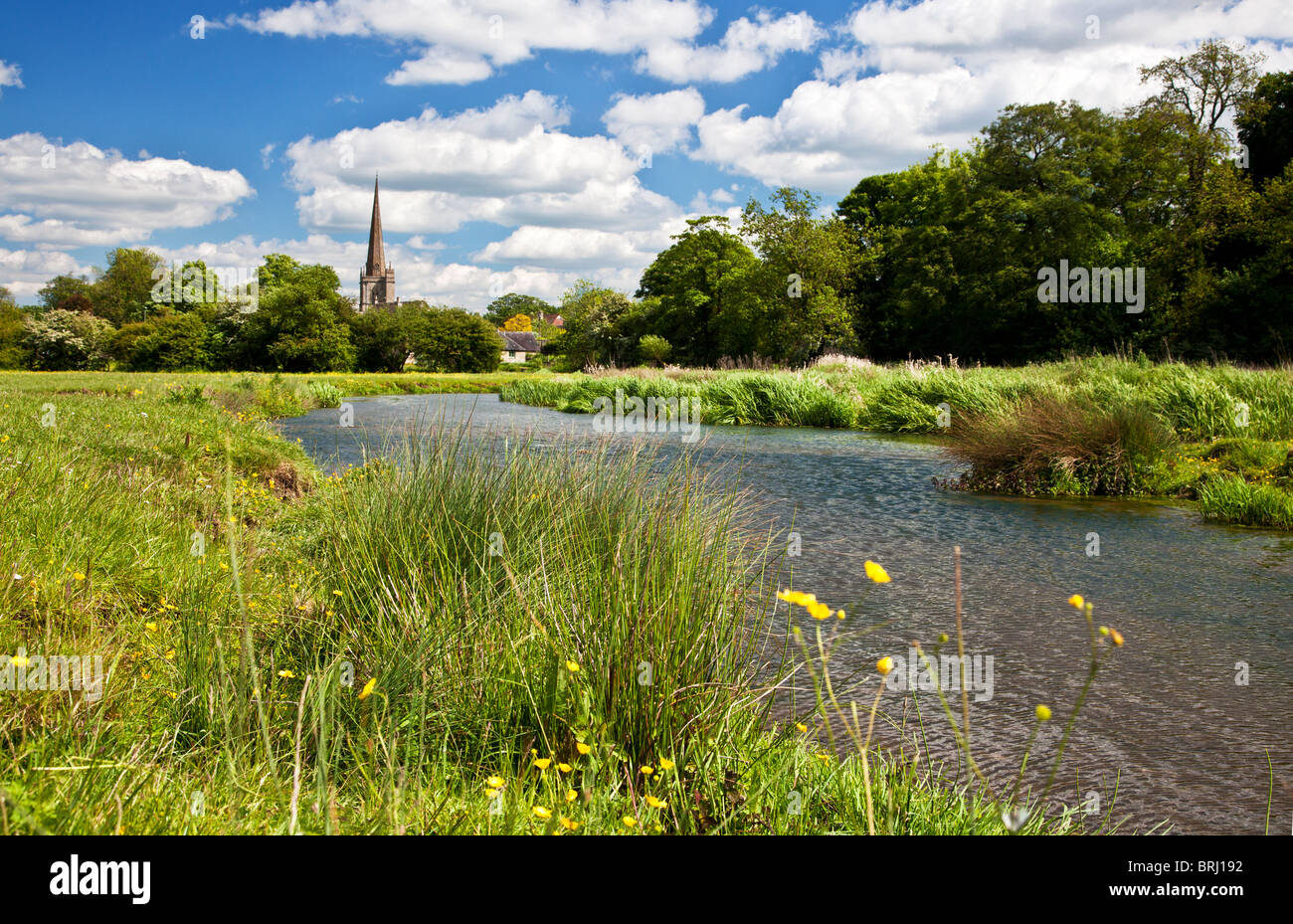 Vista de verano a través de pradera y río Windrush a San Juan Bautista, Iglesia en la ciudad de Cotswold de Burford, Oxfordshire, Inglaterra, Reino Unido. Foto de stock