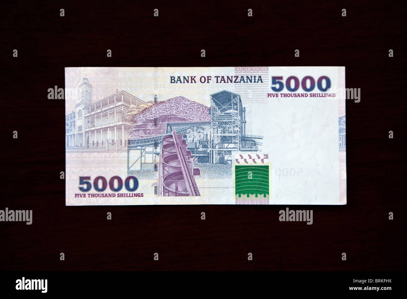 Zanzíbar, Tanzania. Billetes de Tanzania. 5000 chelines, atrás. Beit al-Ajaib, House of Wonders, Stone Town, en la parte izquierda, Geita mina de oro en Derecho, 2003. Foto de stock