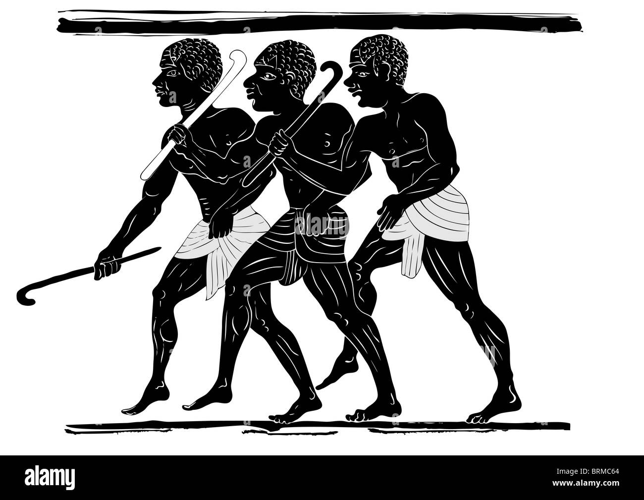 Tres cazadores primitivos en estilo africano - arte antiguo Foto de stock