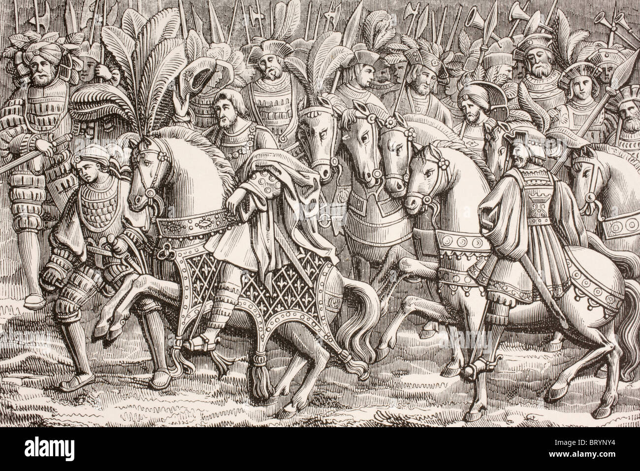 El rey Francisco I de Francia los avances para cumplir con el rey Enrique VIII de Inglaterra en el campo de la tela de oro en junio, 1520. Foto de stock