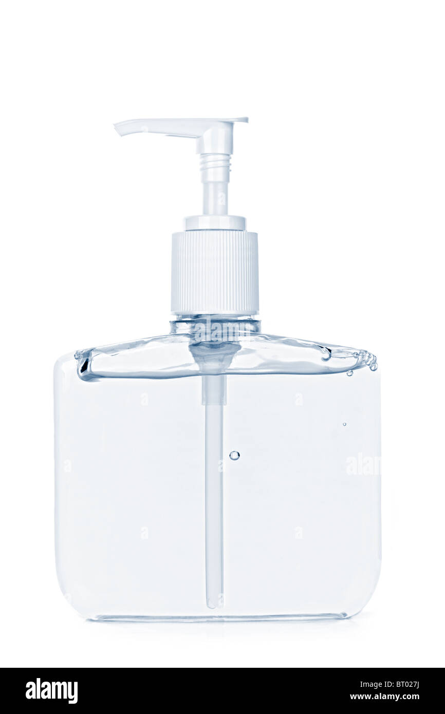 El dispensador de jabón desinfectante para manos aisladas sobre fondo blanco. Foto de stock