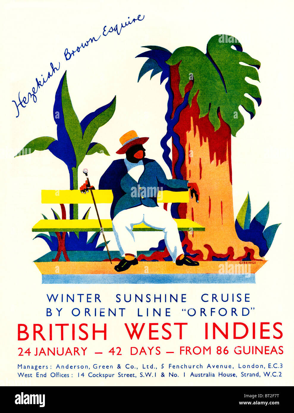 Orientar la tubería, Sol de Invierno, 1931 Anuncio ilustrando cruceros a las Indias Occidentales por la SS Orford Foto de stock