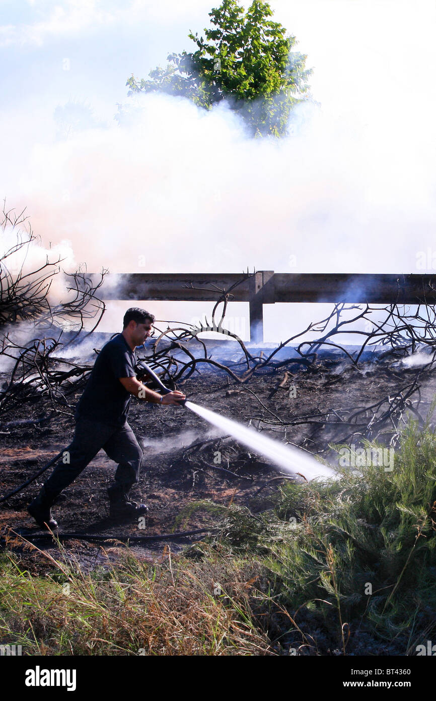 Fire fighter luchando contra las llamas de un fuego de arbusto Foto de stock
