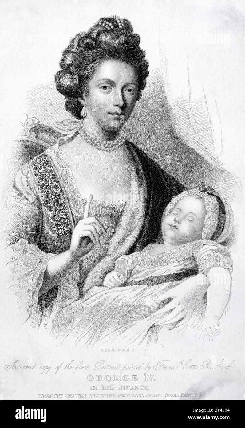 Un retrato de la reina Charlotte, esposa del rey George III, con su primer hijo, el futuro Príncipe Regente, más tarde Jorge IV. Foto de stock