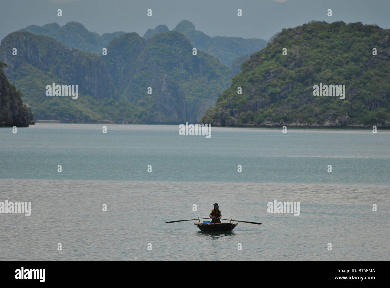 Hombre, bote de remos en la Bahía de Halong, Vietnam Foto de stock