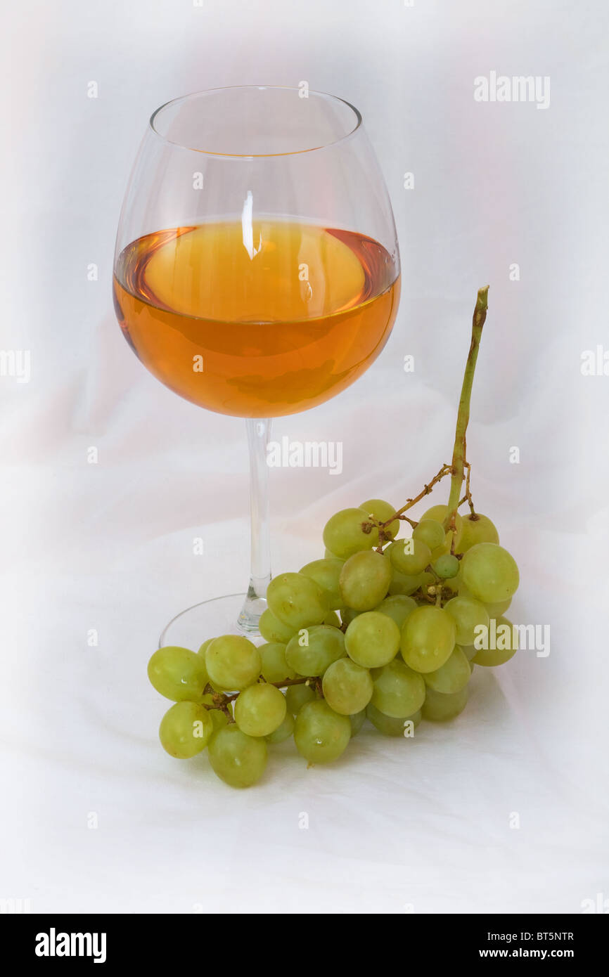 Still life con un vaso de vino y uvas sobre un fondo blanco. Foto de stock
