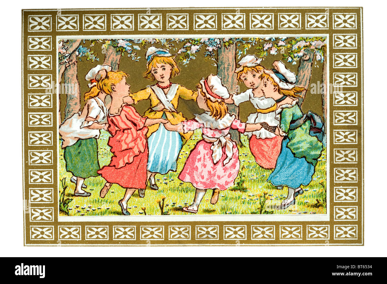 Un anillo de rosas rima musical niñas bailando en un círculo capós capot vestidos jardín cantar cantar la danza para los niños jugar Foto de stock