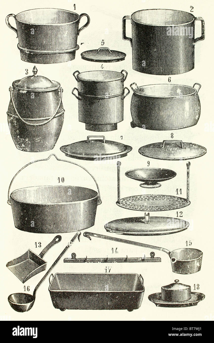 Un conjunto de equipamiento de cocina de hierro. Ilustración de antigüedades. 1892. Foto de stock