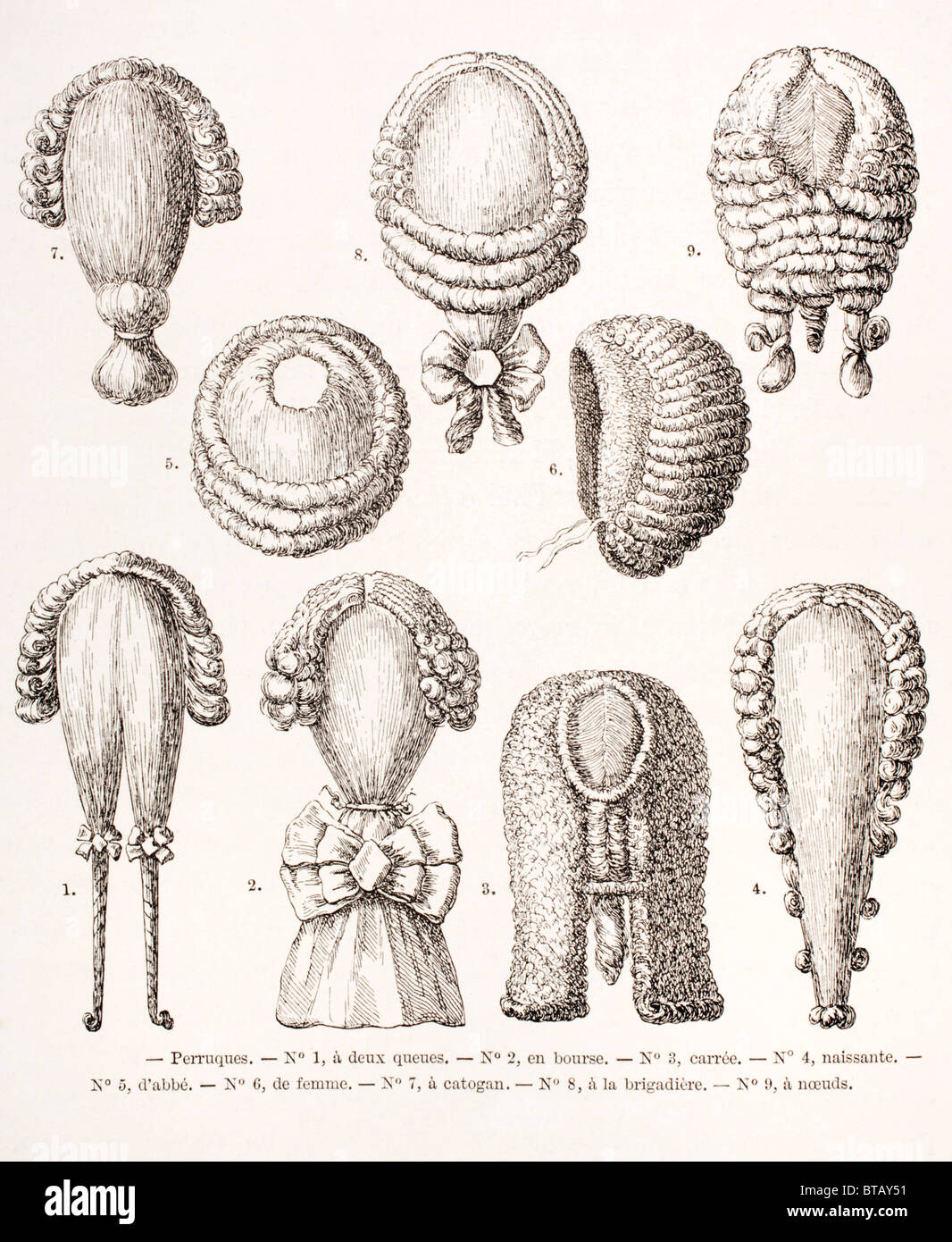 Una colección de 9 diferentes hombres y mujeres del siglo XVIII las pelucas. Foto de stock