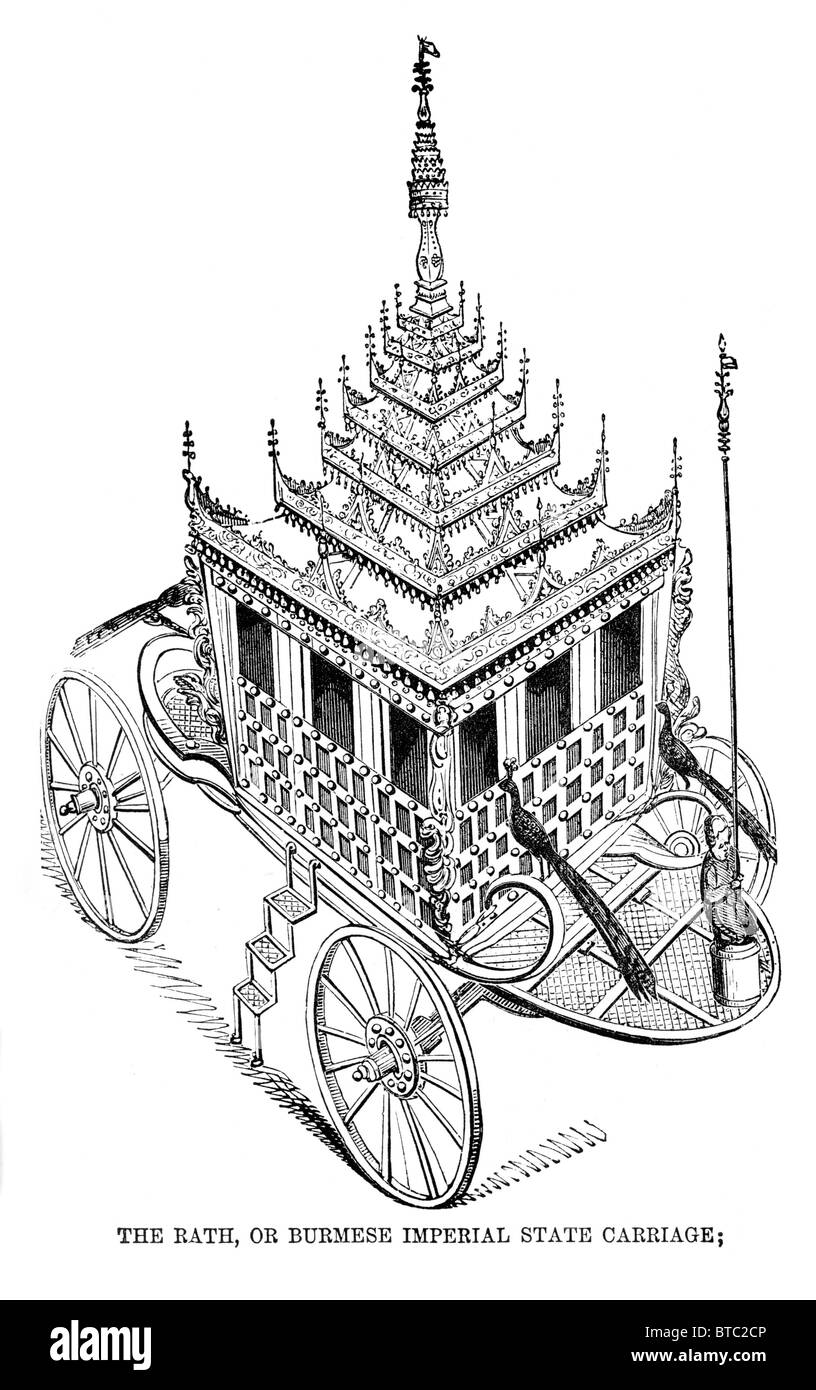 El Rath o carro imperiales estatales birmanos, capturado en septiembre de 1825 en Tavoy, Birmania. Ilustración en blanco y negro Foto de stock