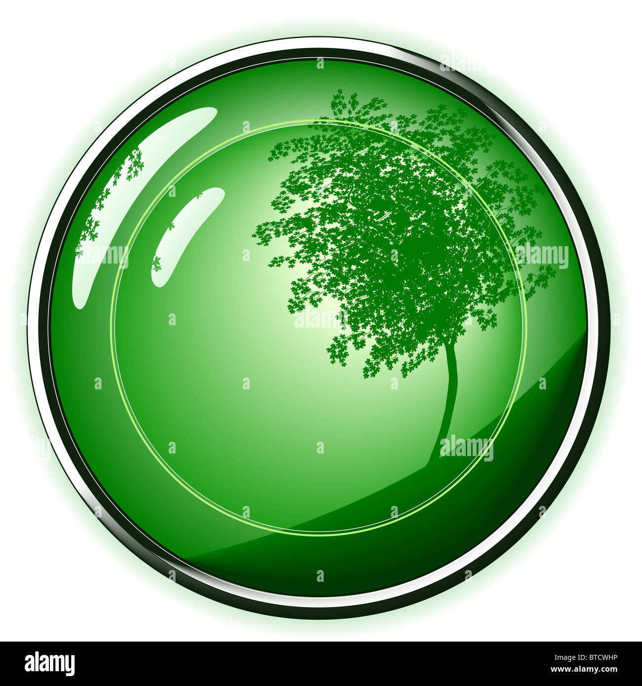 Botón web brillante ilustrado con silueta de árbol Foto de stock