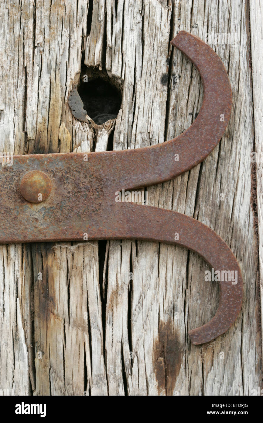 Un primer plano de una bisagra de hierro antiguo adjunto a la división madera Foto de stock