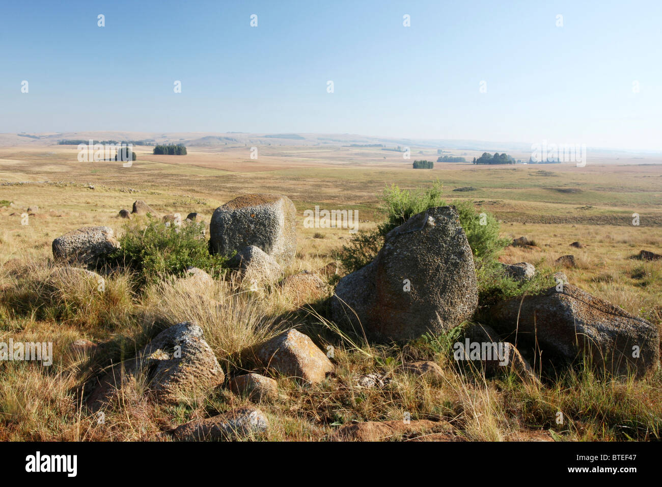 Vista panorámica sobre praderas secas con las rocas en primer plano en el enfoque de Dullstroom Foto de stock
