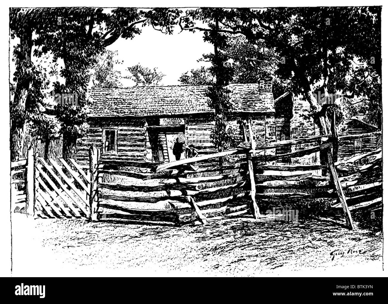 Tribu Cherokee. Una cabaña Cherokee en los territorios indios, Oklahoma, 1893 Foto de stock