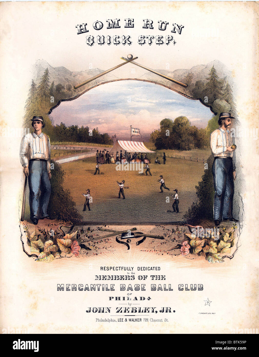 Cubierta de partituras mostrando los jugadores de béisbol en el campo y los espectadores bajo la carpa de la base mercantil Ball Club de Filadelfia. 1861. Foto de stock