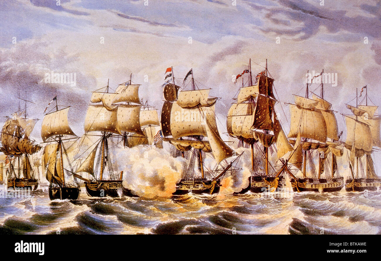 La batalla del lago Erie, 10 de septiembre de 1813, litografía por Nathaniel Currier Foto de stock