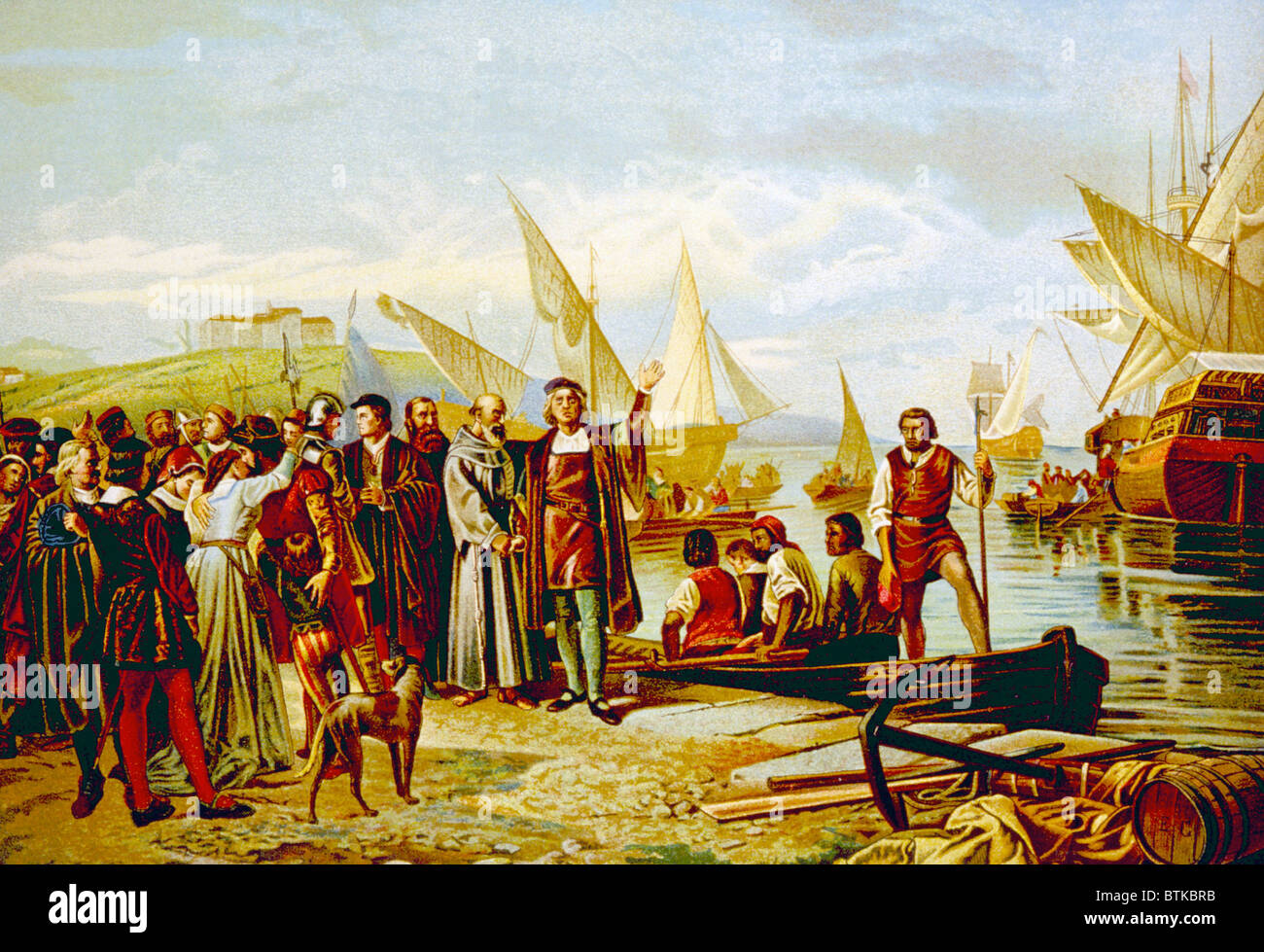 Cristóbal Colón el embarque y salida desde el puerto de Palos, en España el  3 de agosto de 1492, desde la pintura chromolithograph Fotografía de stock  - Alamy