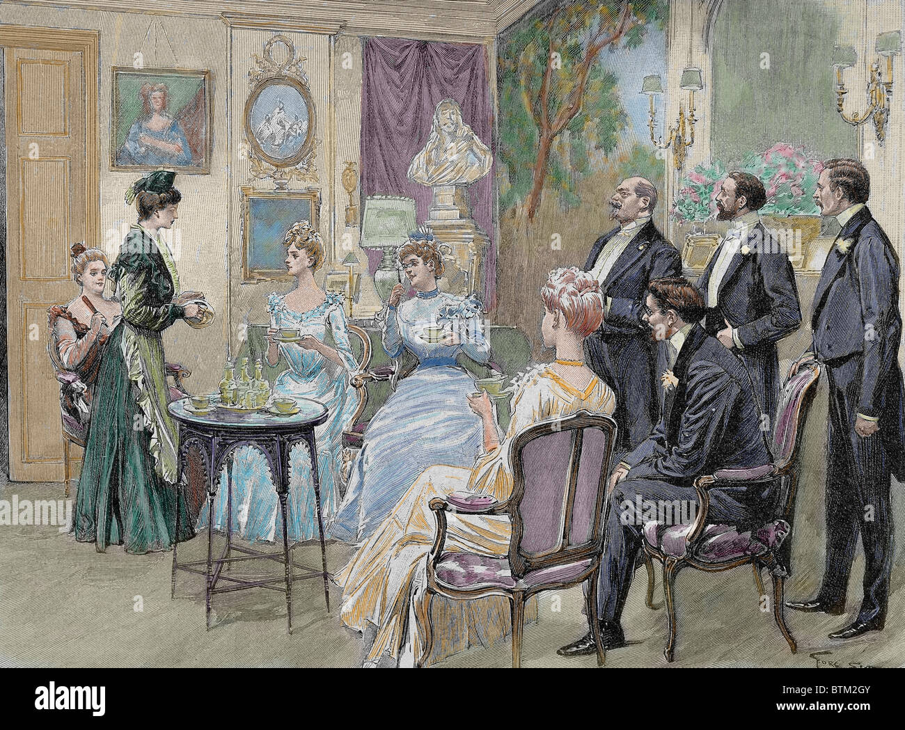 Reunión de familias aristocráticas en el salón. Grabado por George Scott, 1892. Coloración posterior. Foto de stock