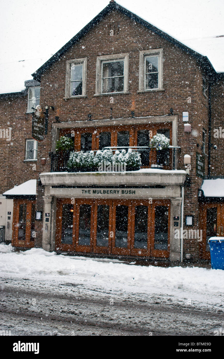 Mulberry Bush Pub en la nieve, Upper Ground, Londres. Foto de stock