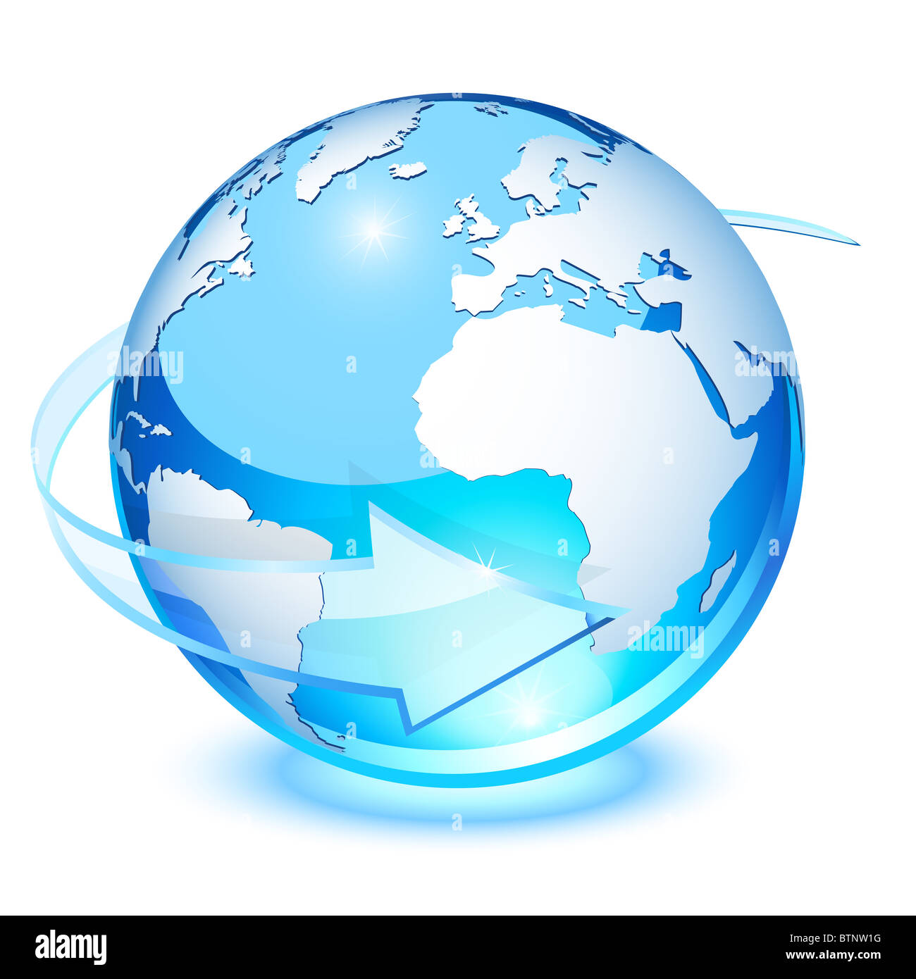 Cristal azul transparente de la tierra, con la flecha de rotación Foto de stock