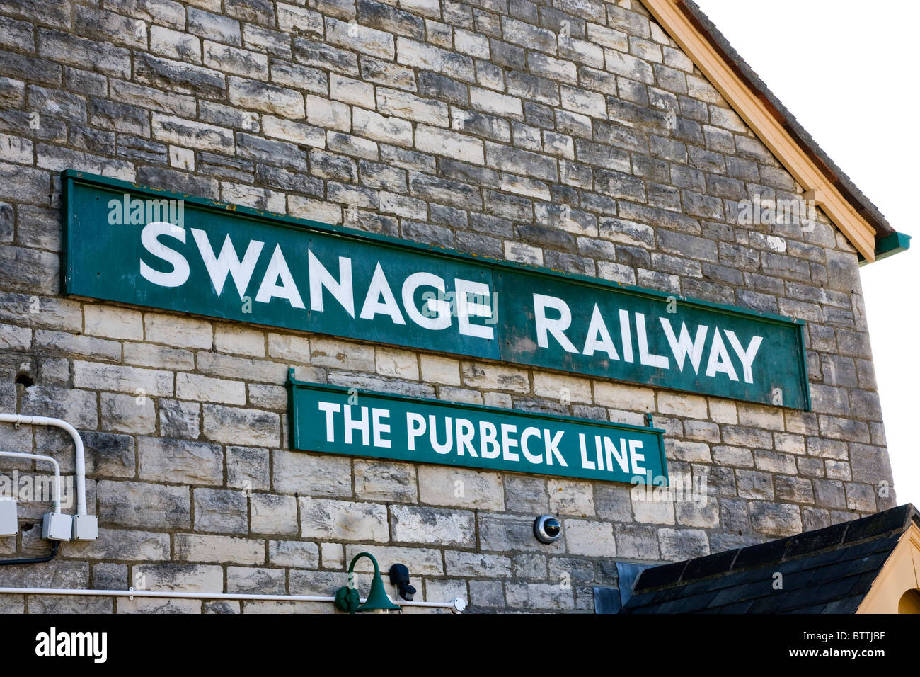 Signo de Ferrocarril Estación Swanage, Dorset, Reino Unido Foto de stock