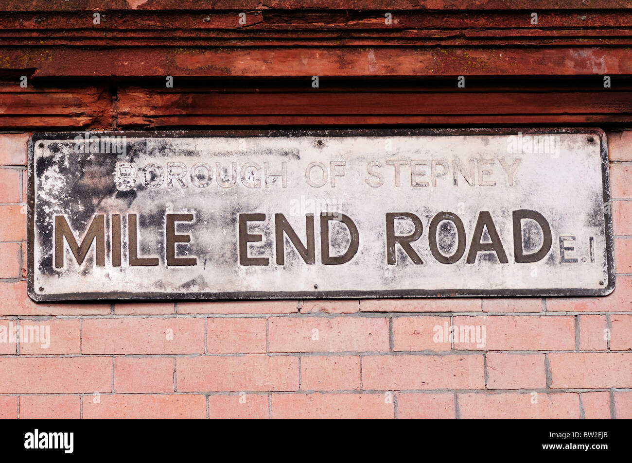 Mile End Road E1 calle signo, Londres, Inglaterra, Reino Unido. Foto de stock