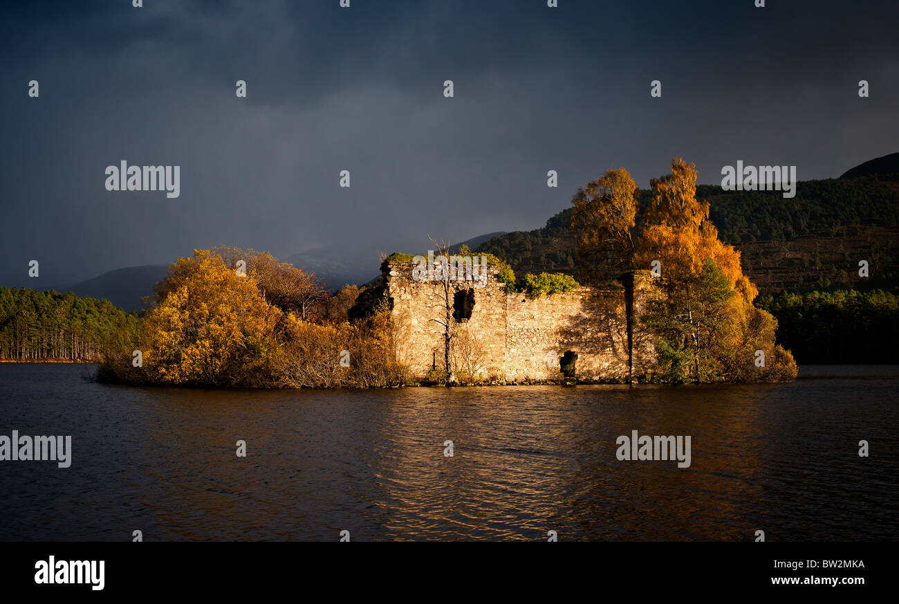 La isla y el castillo de Loch un Parque Nacional de Cairngorms Eilein en otoño Foto de stock