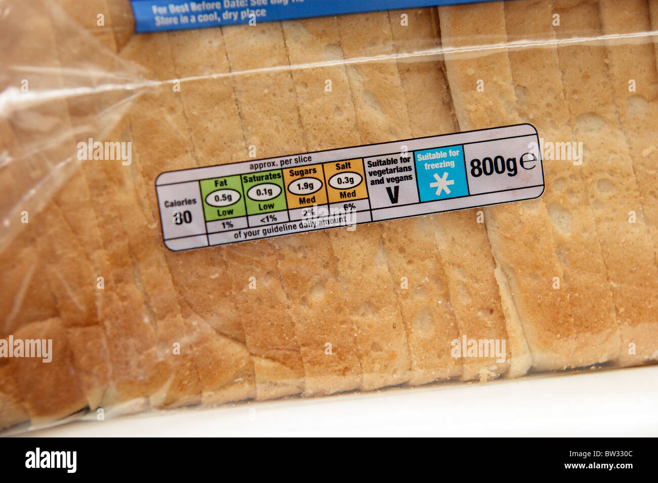 ''Emáforos'' sistema de información nutricional las pautas y el signo de trigo británico en una hogaza de pan Foto de stock