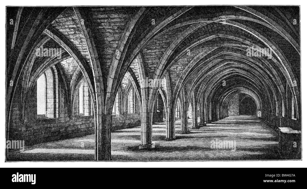 La Domus Conversorum, o sala de trabajo de los hermanos laicos, Fountains Abbey, North Yorkshire; ilustración en blanco y negro. Foto de stock
