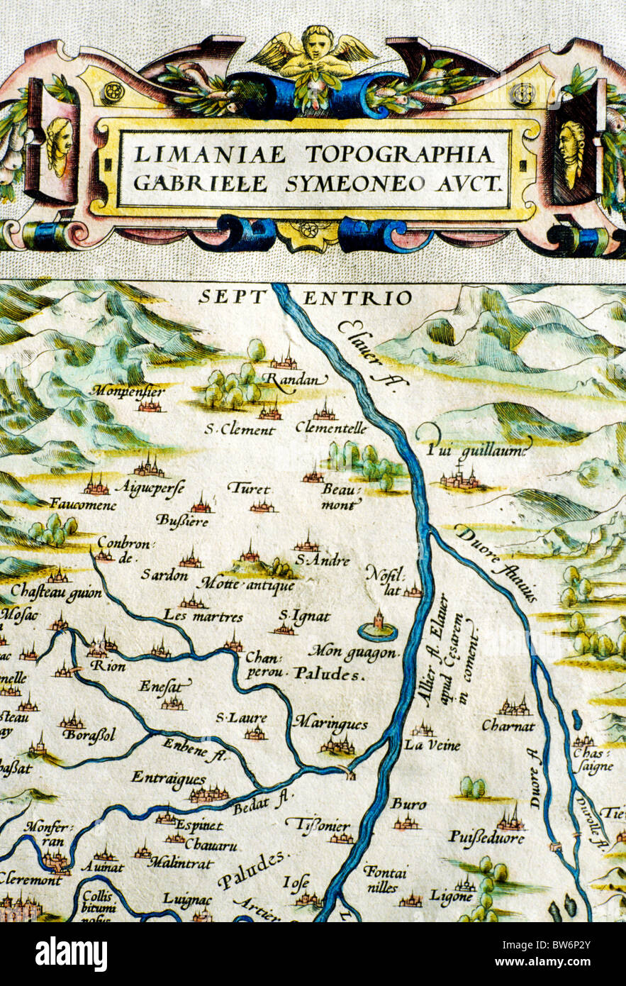 Theatrum Orbis Terrarum, 1570 Por Abraham Ortelius, detalle de Auvernia, Francia antigua Atlas mundial de cartografía mapas mapa antiguo libro Foto de stock