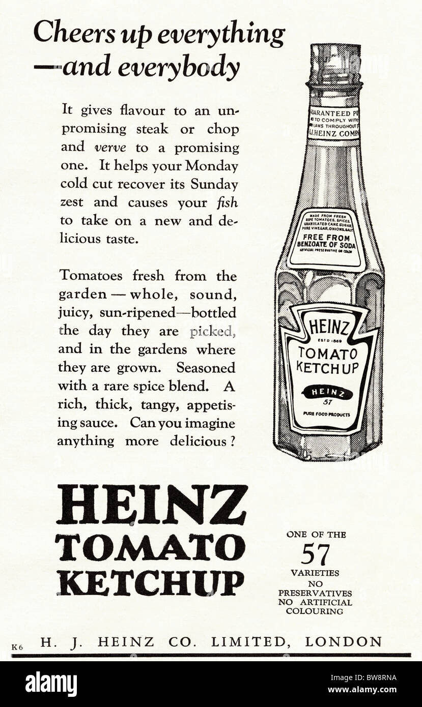 Anuncio de Heinz ketchup en la revista inglesa de fecha 1928 Foto de stock