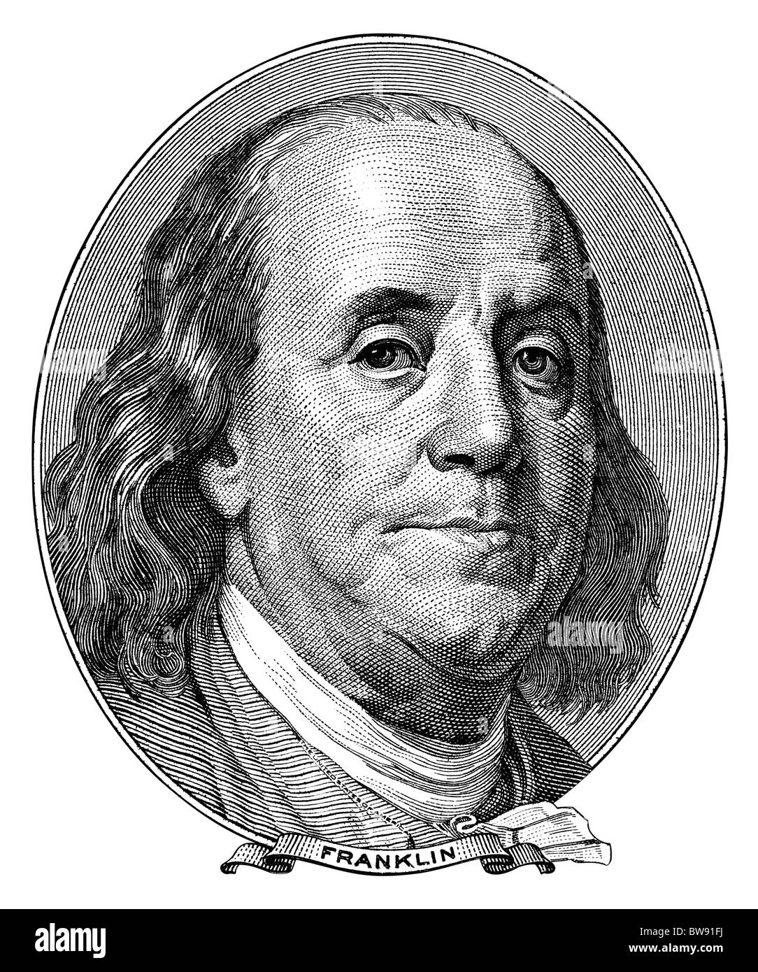 Retrato de Benjamin Franklin de cien Dollar Bill se convirtió en blanco y negro grabado. Tamaño nativo no es exclusivo. Foto de stock