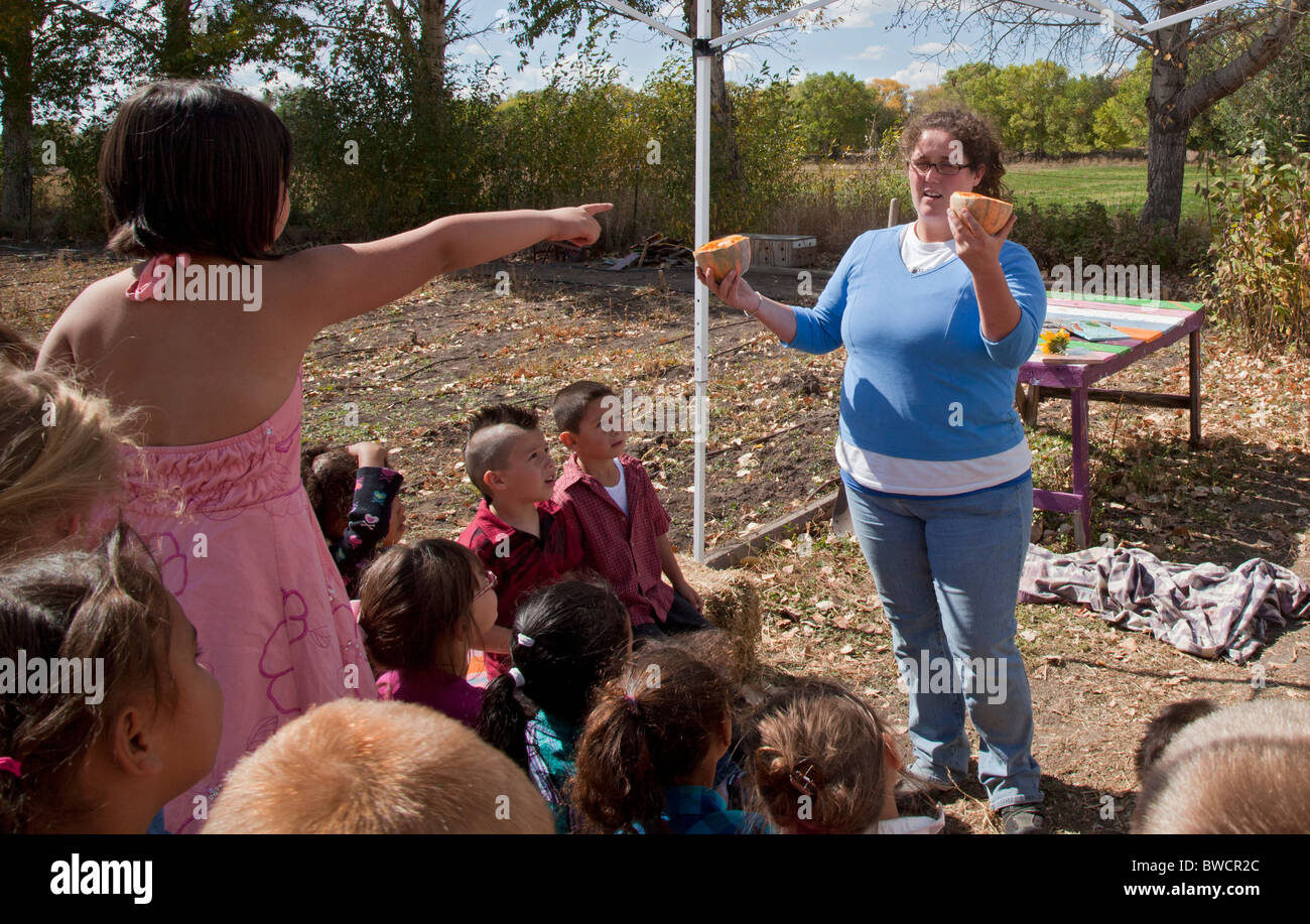 Voluntarios de Americorps charlas a los niños de escuela primaria en el jardín de comunidad Foto de stock
