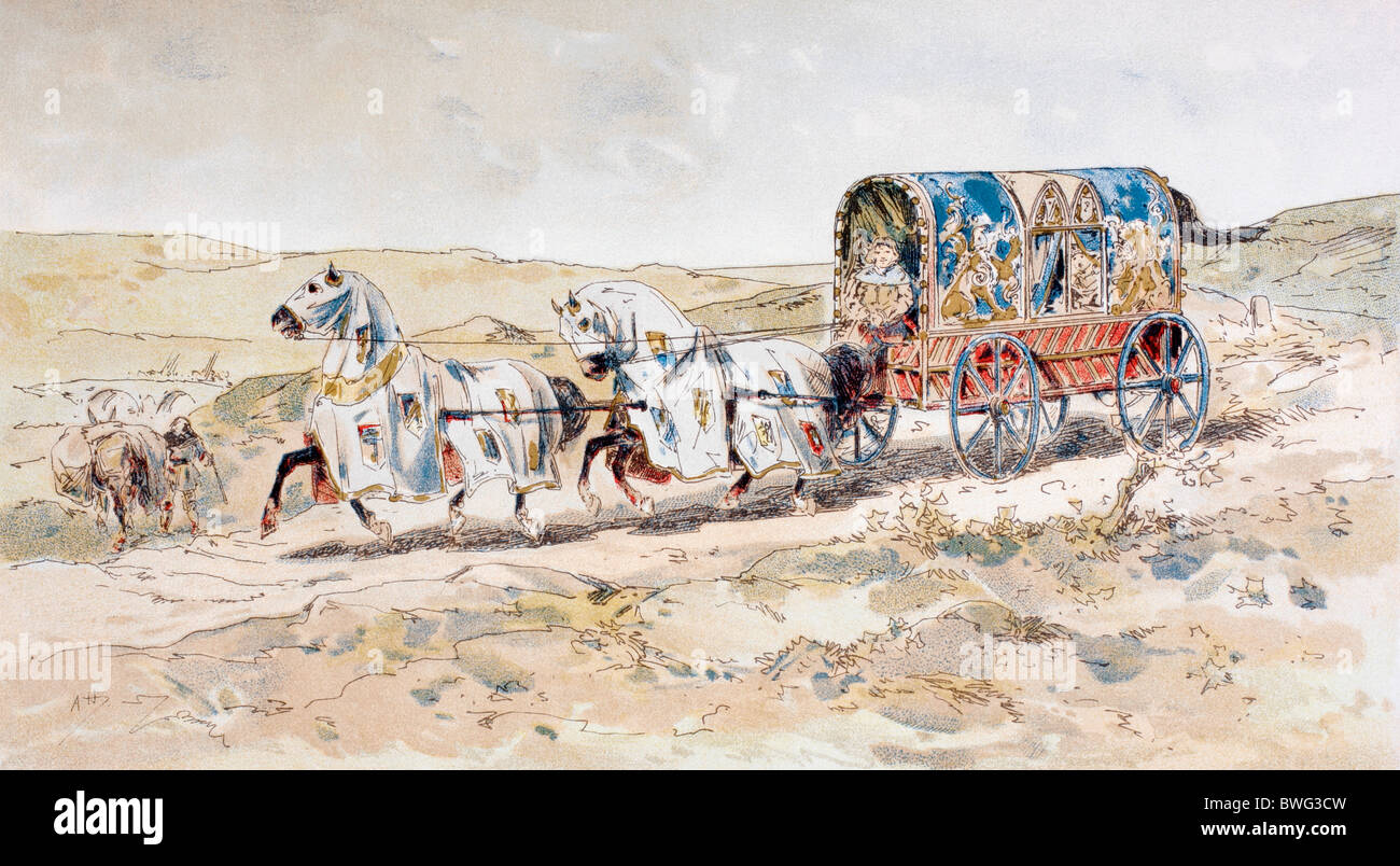 Siglo XIII caballo dibujado señoras carro. Foto de stock