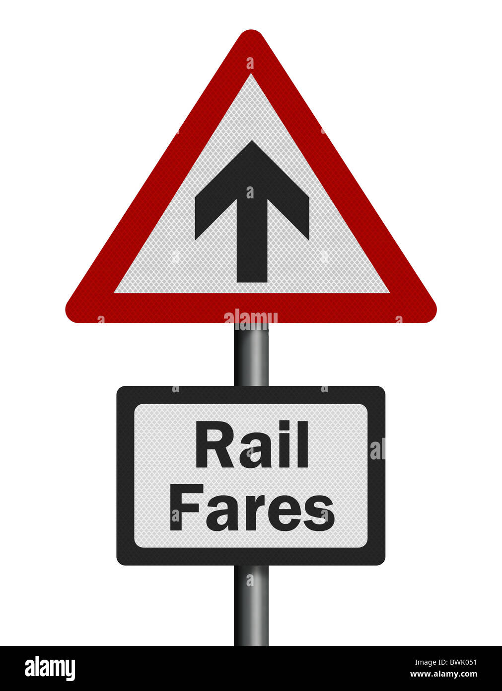 Foto realista metálica reflectante "ferrocarril aumento" Signo, aislado en un fondo blanco puro. Foto de stock