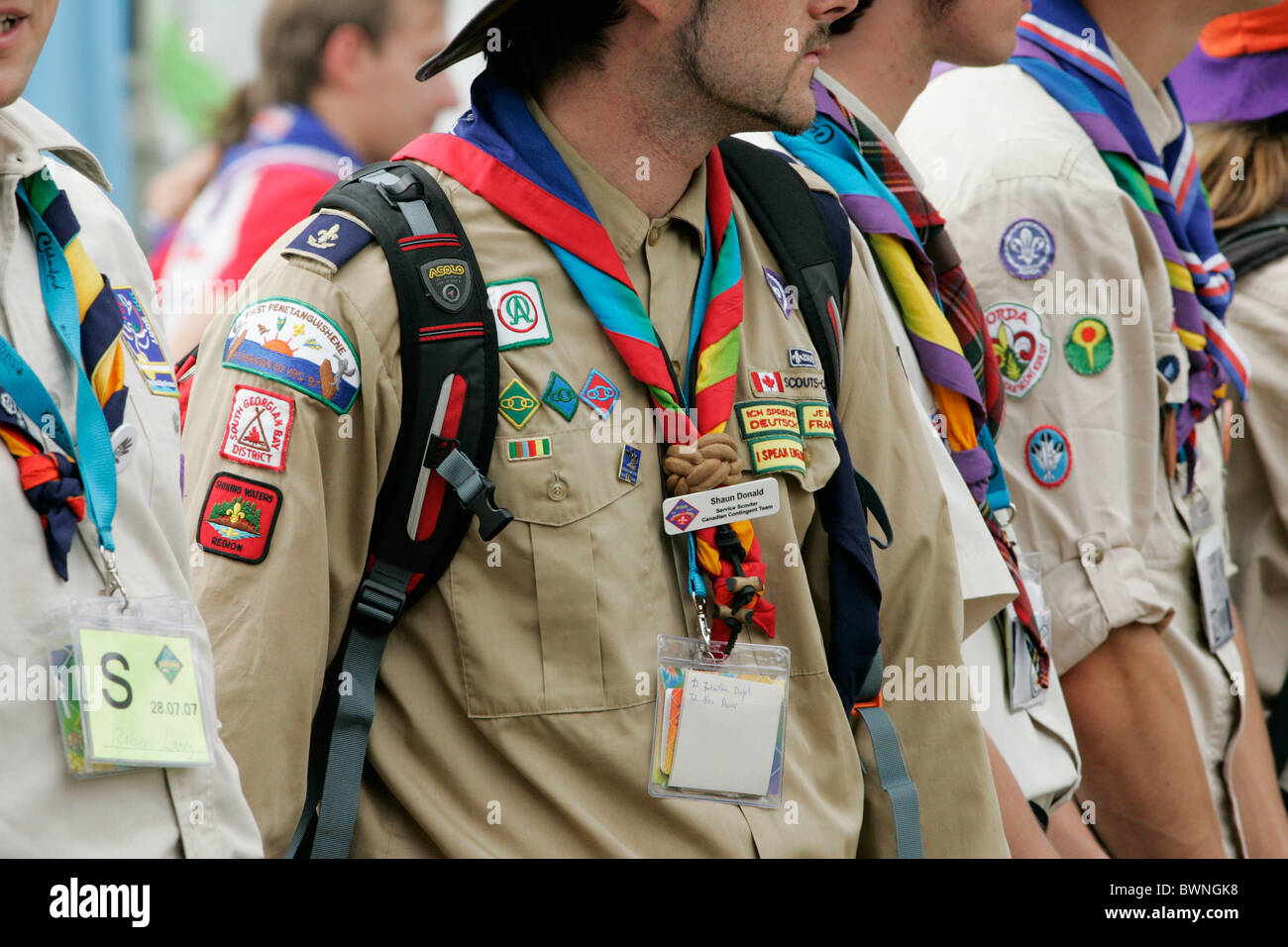 Scouts asisten a la apertura de la 21ª Jamboree Scout Mundial en Hylands Park Foto de stock