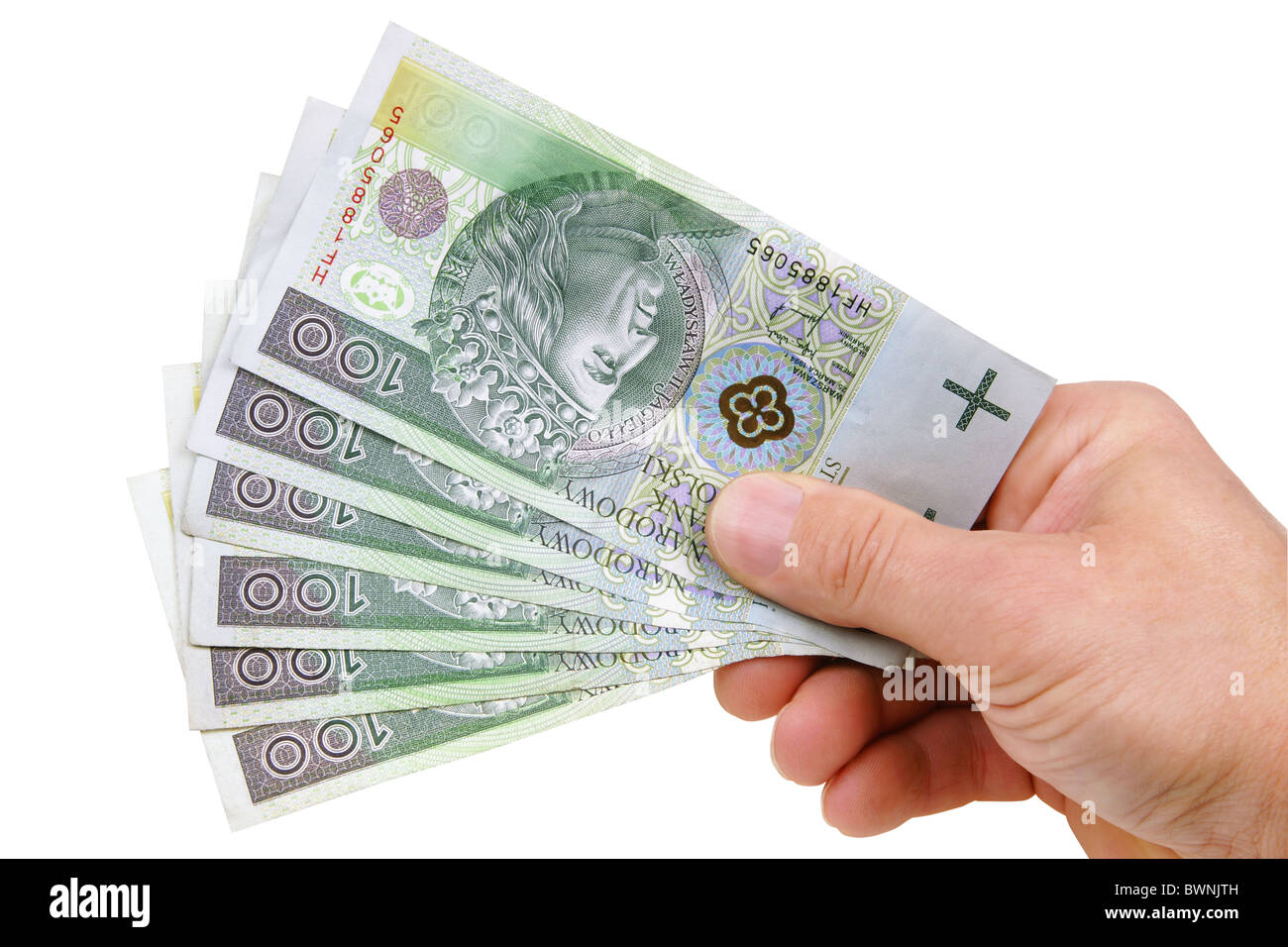 Polaco dando dinero aislado sobre fondo blanco con trazado de recorte Foto de stock