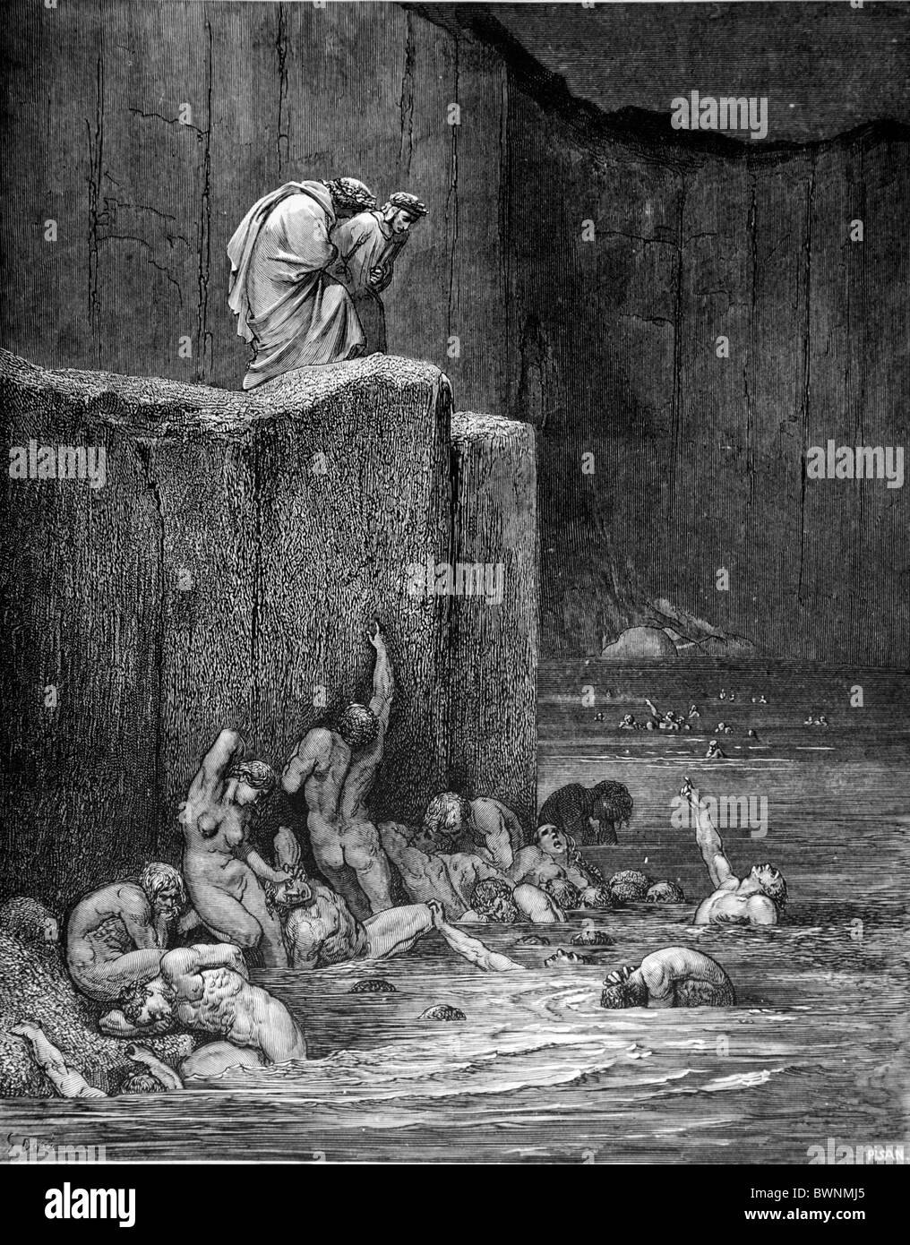 Gustave Doré; el castigo de aduladores de la Divina Comedia de Dante Alighieri; grabado en blanco y negro Foto de stock