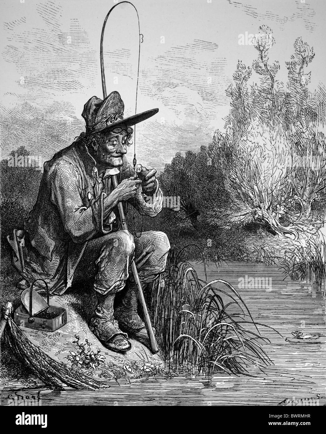 Gustave Doré; el poco pescado y el pescador de Jean de la Fontaine las fábulas; grabado en blanco y negro Foto de stock