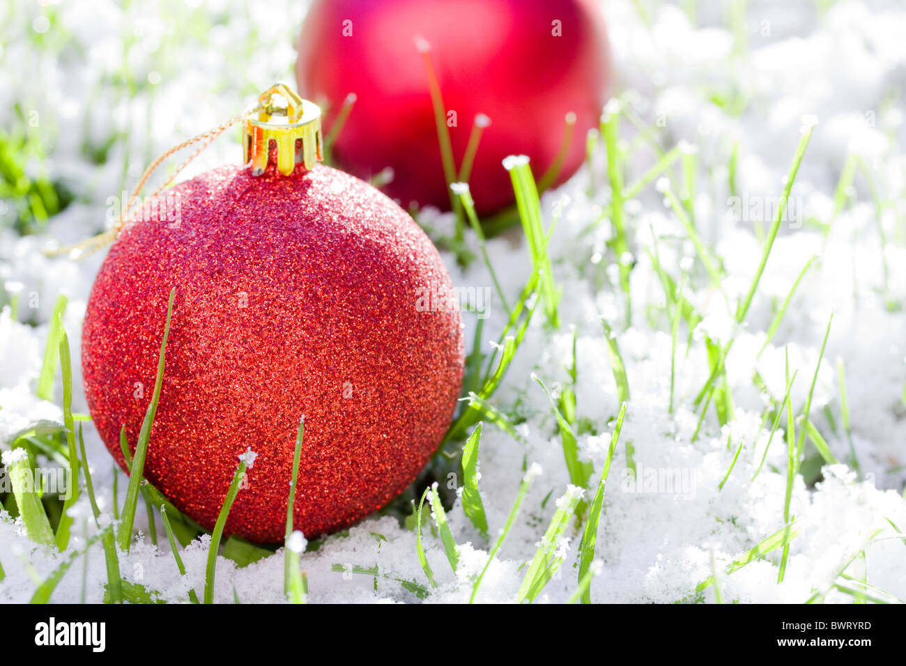 Bolas de navidad con nieve y la hierba congelada se centran en primera bola Foto de stock