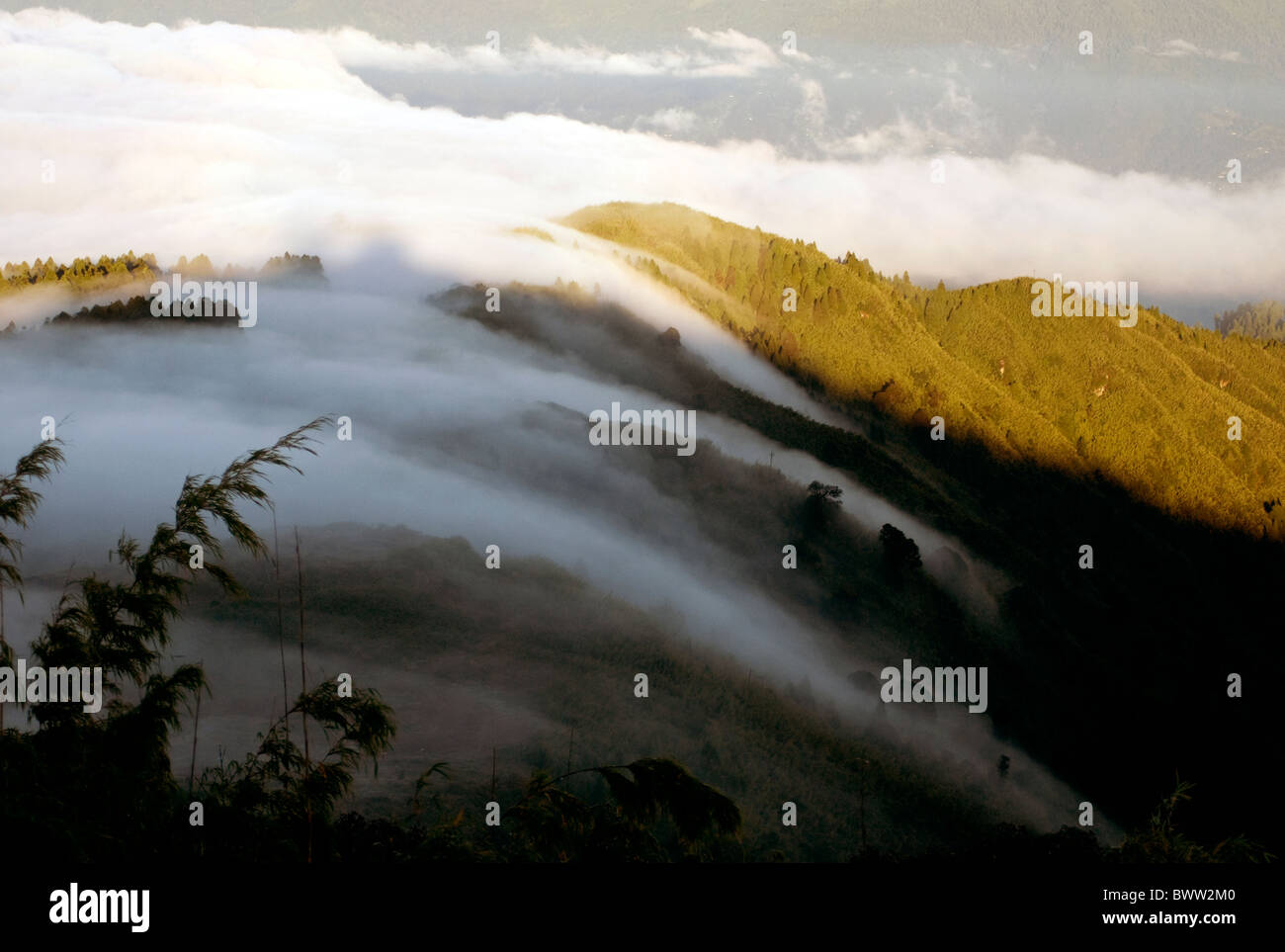 Temprano en la mañana las nubes más altas laderas del Himalaya Foto de stock