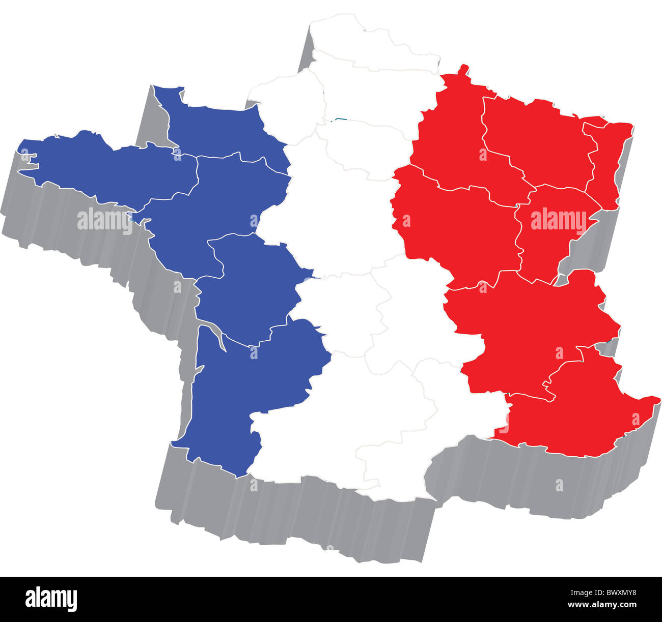 Hay un mapa en 3D de Francia con bandera en Foto de stock