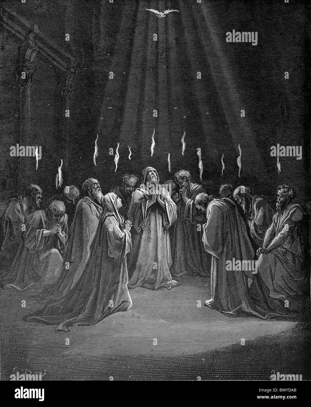 Gustave Doré; La Venida del Espíritu Santo sobre los apóstoles; grabado en blanco y negro Foto de stock