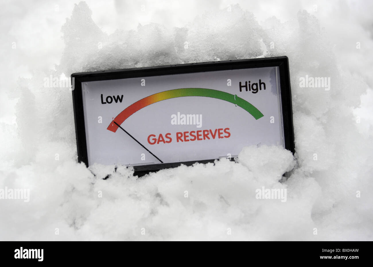 Medidor mostrando bajas reservas de gas en hielo cubierto de nieve helada CONDITONS volver los precios del gas a las empresas de suministros, etc. Foto de stock