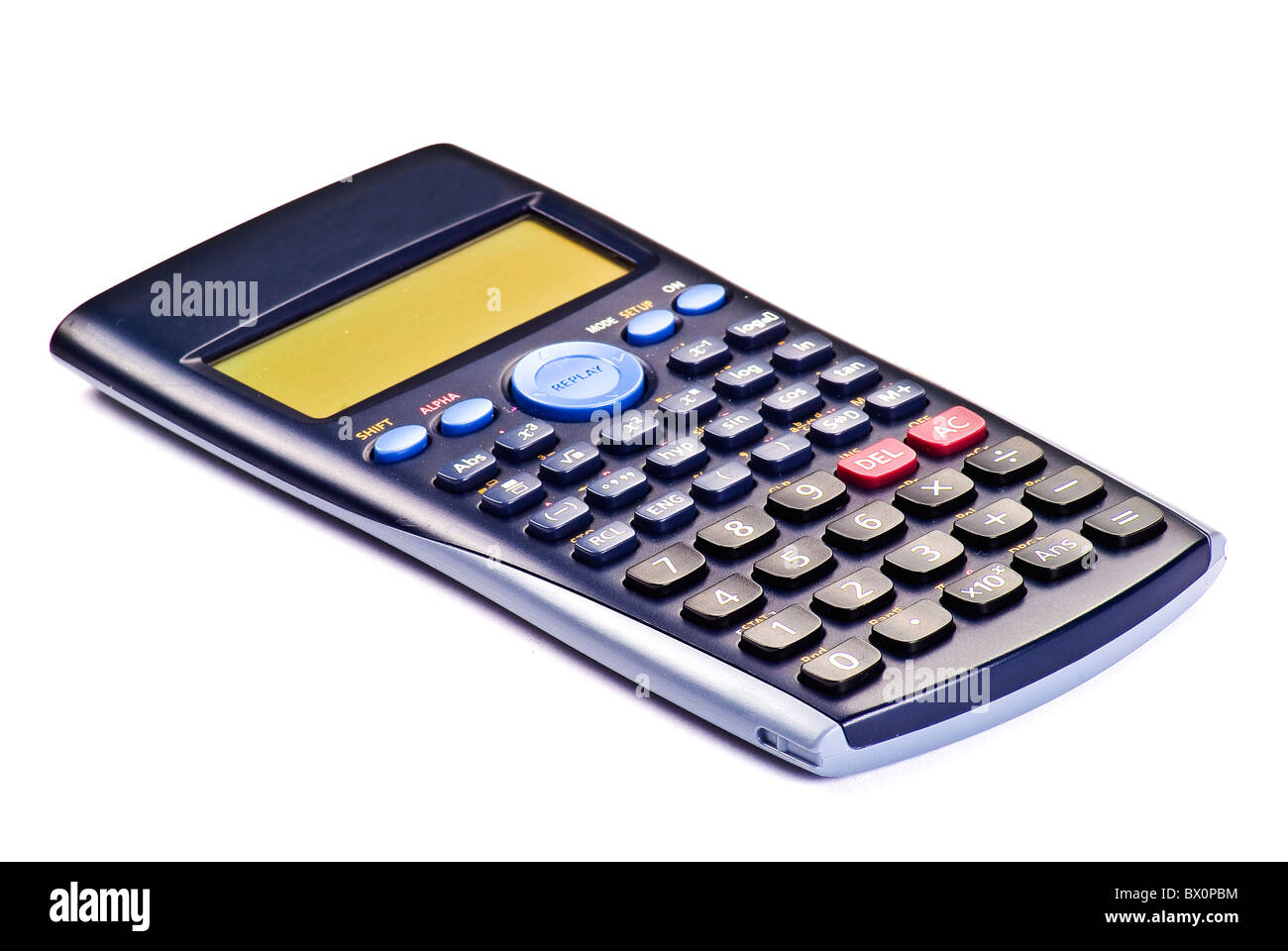 Cerca de calculadora aislado sobre fondo blanco. Foto de stock
