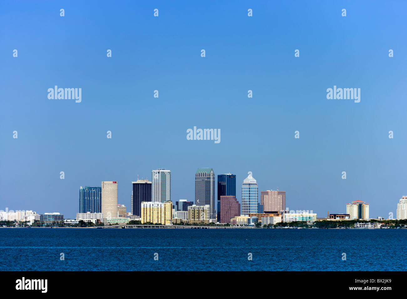 El horizonte de la ciudad a través de la reactancia de Tampa Bay Point Park, Península Interbay, Tampa, Florida, EE.UU. Foto de stock
