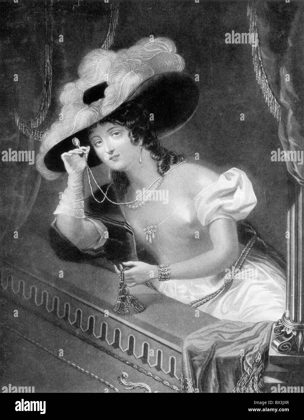 Una dama en la ópera, dibujado por Harper, grabado por Huffam; ilustración en blanco y negro. Foto de stock
