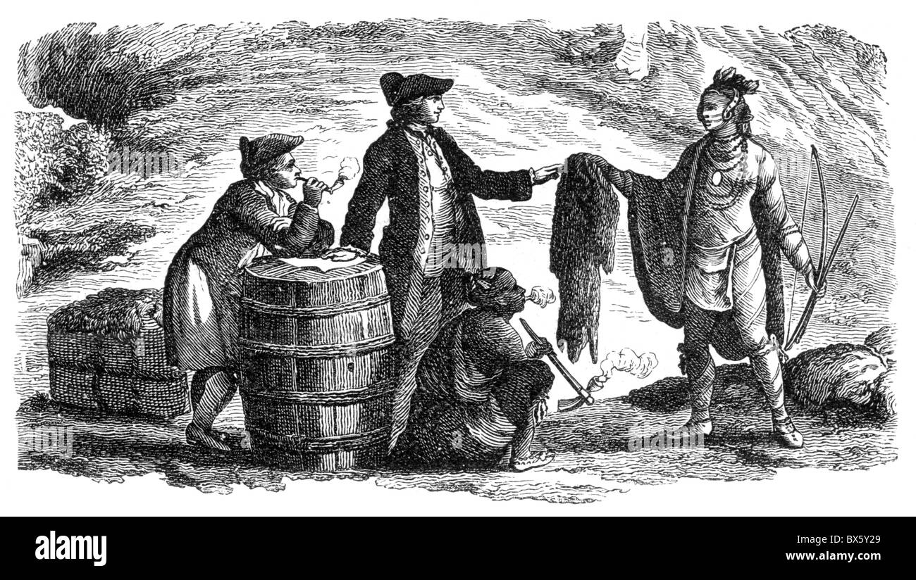 Los comerciantes y los indios de América del Norte; Circa 1777; ilustración en blanco y negro. Foto de stock