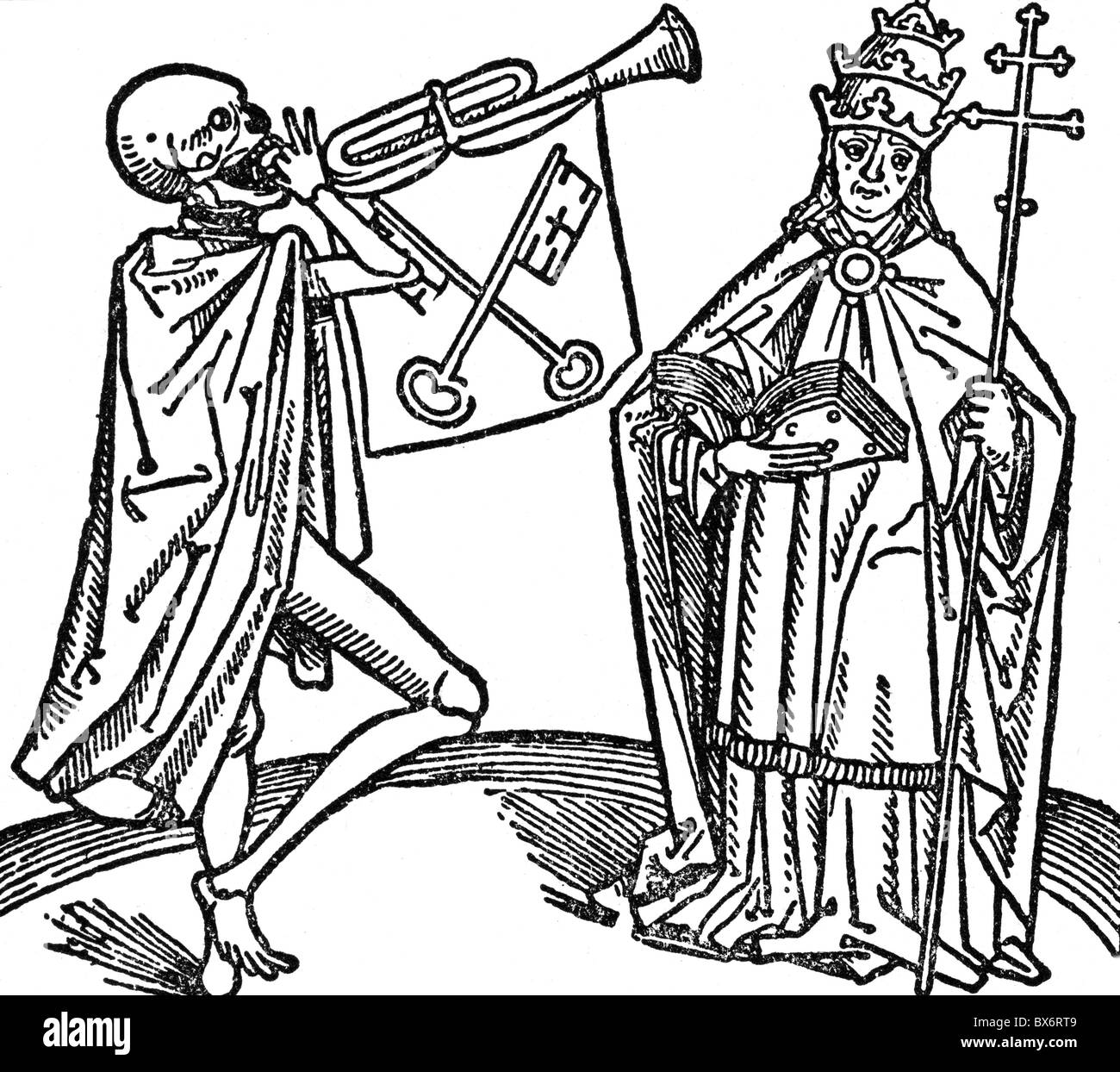 Muerte, danza macabra, 'Dath an the Pope', woodcut, Alemania del Sur, siglo 15, , Derechos adicionales-Clearences-no disponible Foto de stock