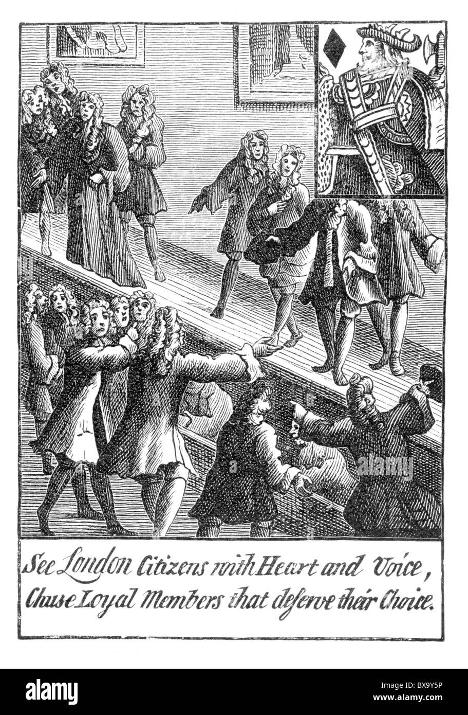Un diseño para un juego de cartas 1710 mostrando los recién elegidos diputados por Londres Foto de stock
